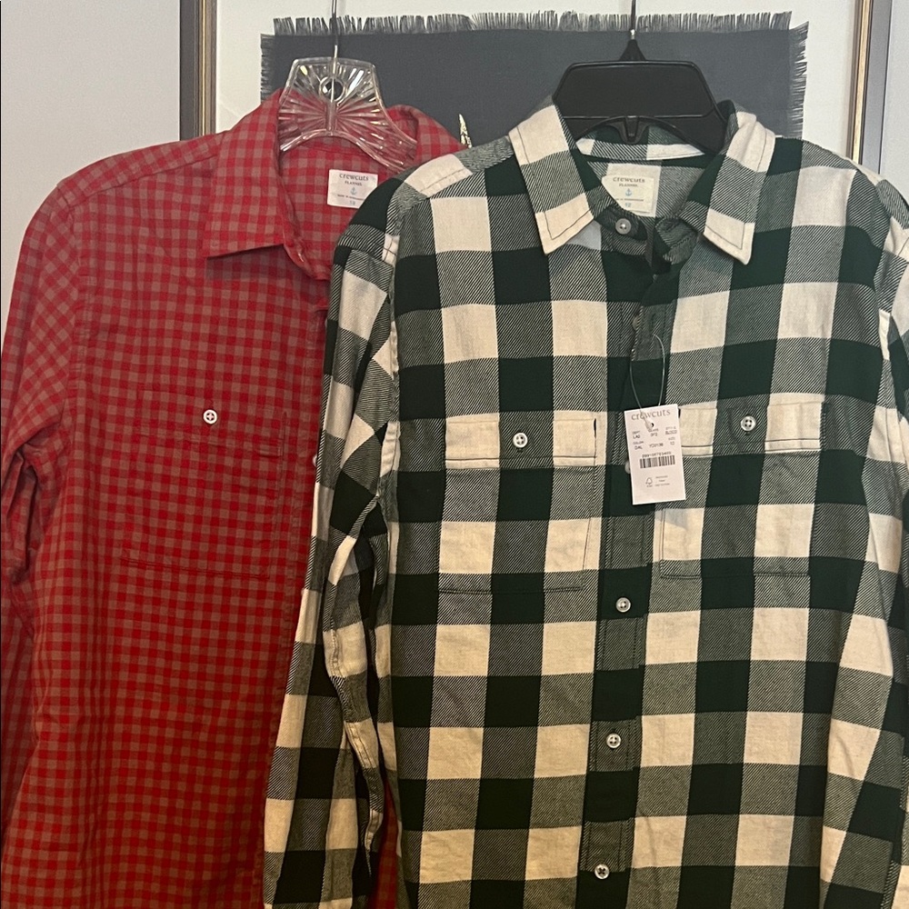 Boys Crewcuts Plaid Shirts- one red checkered plaid, and one green cream plaid